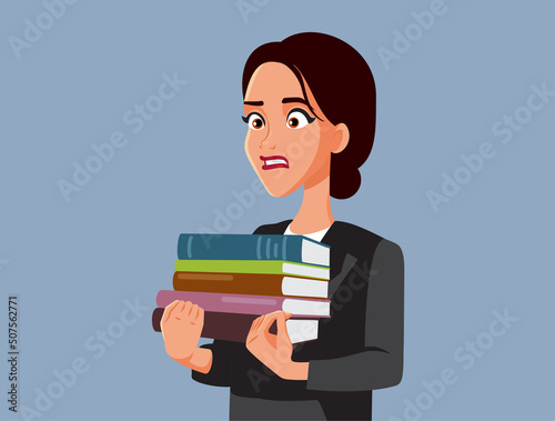 Stressed Woman Holding Many Textbooks Vector Cartoon illustration