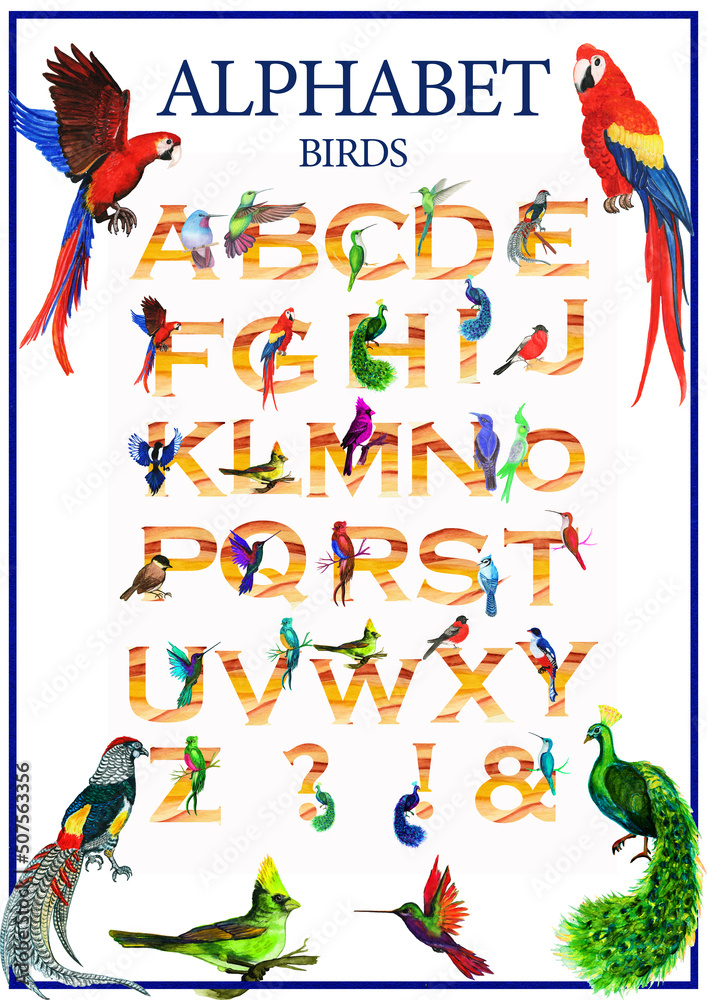 Obraz premium Watercolor poster alphabet with animals,children's tutorial,A-1 printable picture.