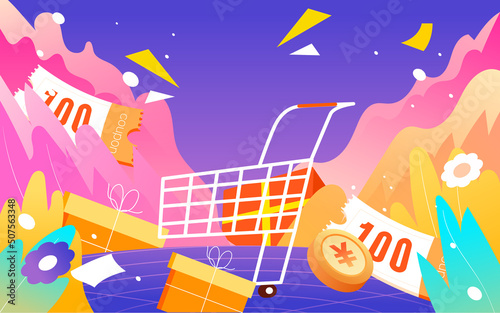 618 shopping festival girl shopping in mall with many shopping bags, e-commerce, vector illustration