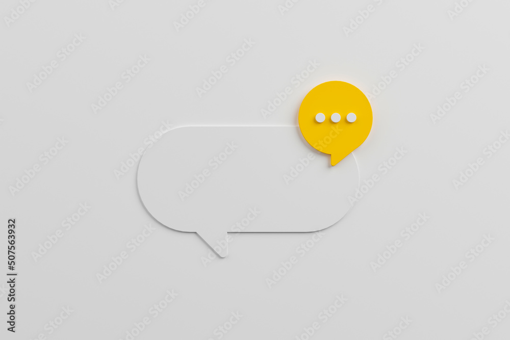 White and yellow speech bubble on background. Chat icon symbolic. Online message, Comment or communication concept. 3d render - obrazy, fototapety, plakaty 