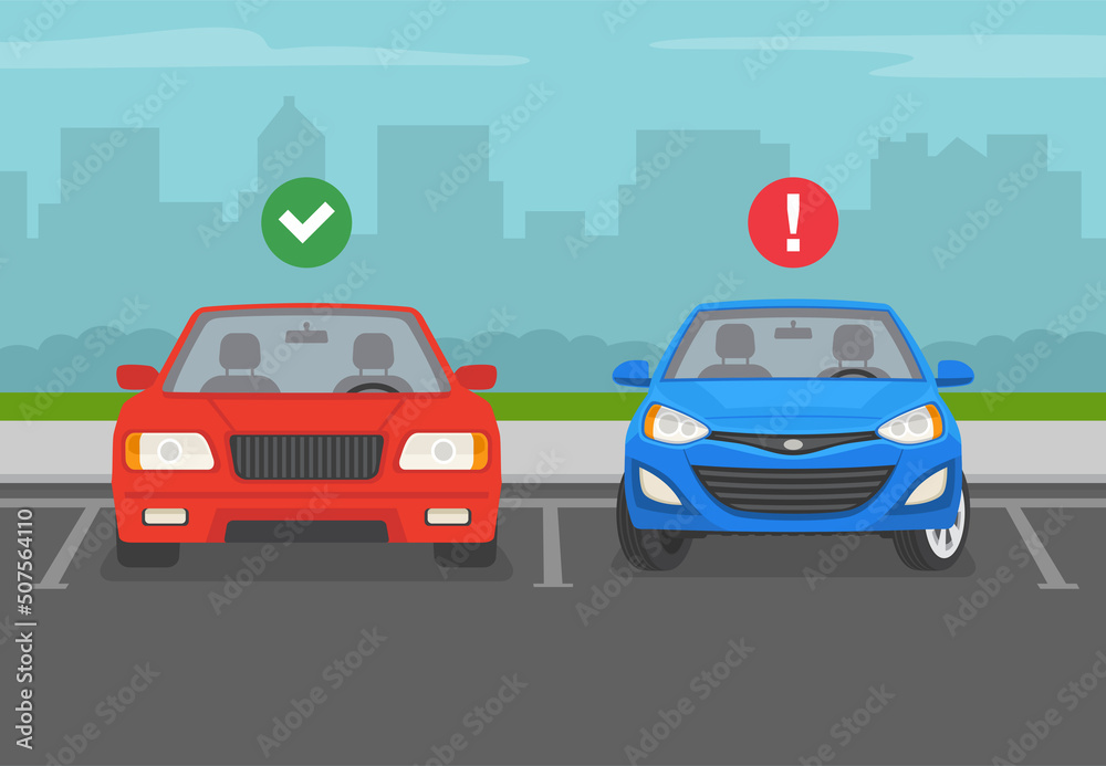 Outdoor parking rules and tips. Do not park your car with the wheels turned. Front view of correct and incorrect parked cars. Flat vector illustration template.