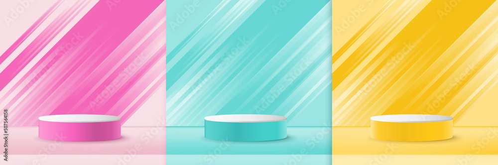 Set of 3D realistic pink, green, and yellow color pastel podium backdrop for display product. Minimal style concept. Set of 3D realistic pink, green, and yellow color pastel podium backdrop for display product. Minimal style concept.