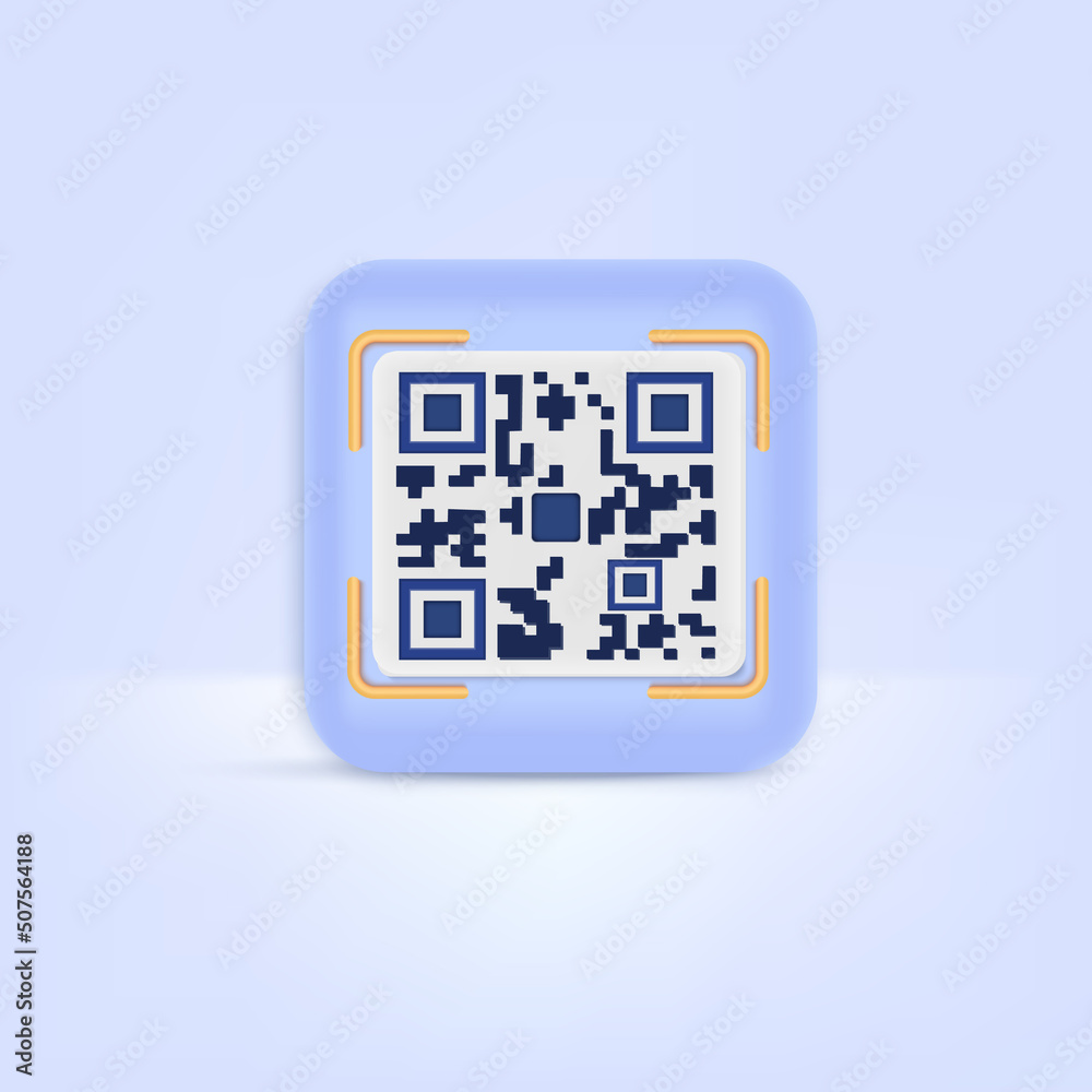 3d qr code scanning icon. Payment online shopping on soft blue pastel background. Minimal cartoon icon. 3d qr code scanning icon. Payment online shopping on soft blue pastel background. Minimal cartoon icon.