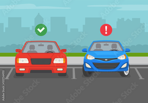 Fototapeta Naklejka Na Ścianę i Meble -  Outdoor parking rules and tips. Do not park your car with the wheels turned. Front view of correct and incorrect parked cars. Flat vector illustration template.
