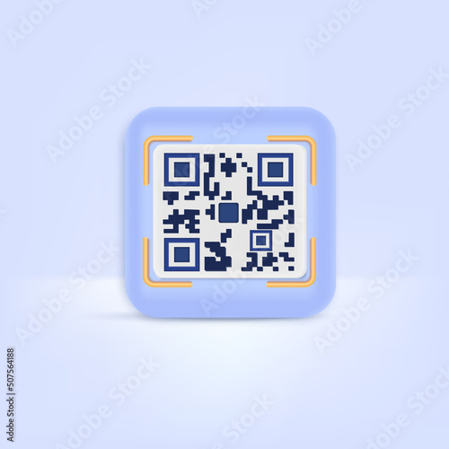 3d qr code scanning icon. Payment online shopping on soft blue pastel background. Minimal cartoon icon.