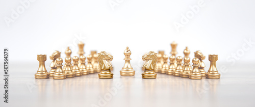 Knight horse chess with king on chessboard concepts of teamwork volunteer challenge business team or wining and leadership strategy or strategic planning and risk management or team player.