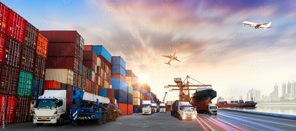 Global business of Container Cargo freight train for Business logistics concept, Air cargo trucking, Rail transportation and maritime shipping, Online goods orders worldwide - obrazy, fototapety, plakaty 