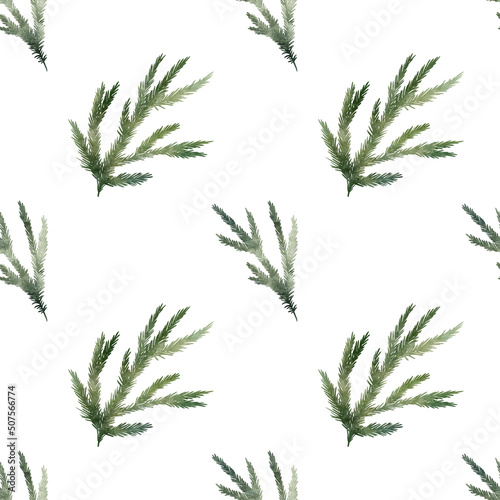 Watercolor hand drawn simple seamless pattern with illustration of green Christmas tree  spruce  fir branches. New Year fir-needle natural elements isolated on white background. Winter wallpaper