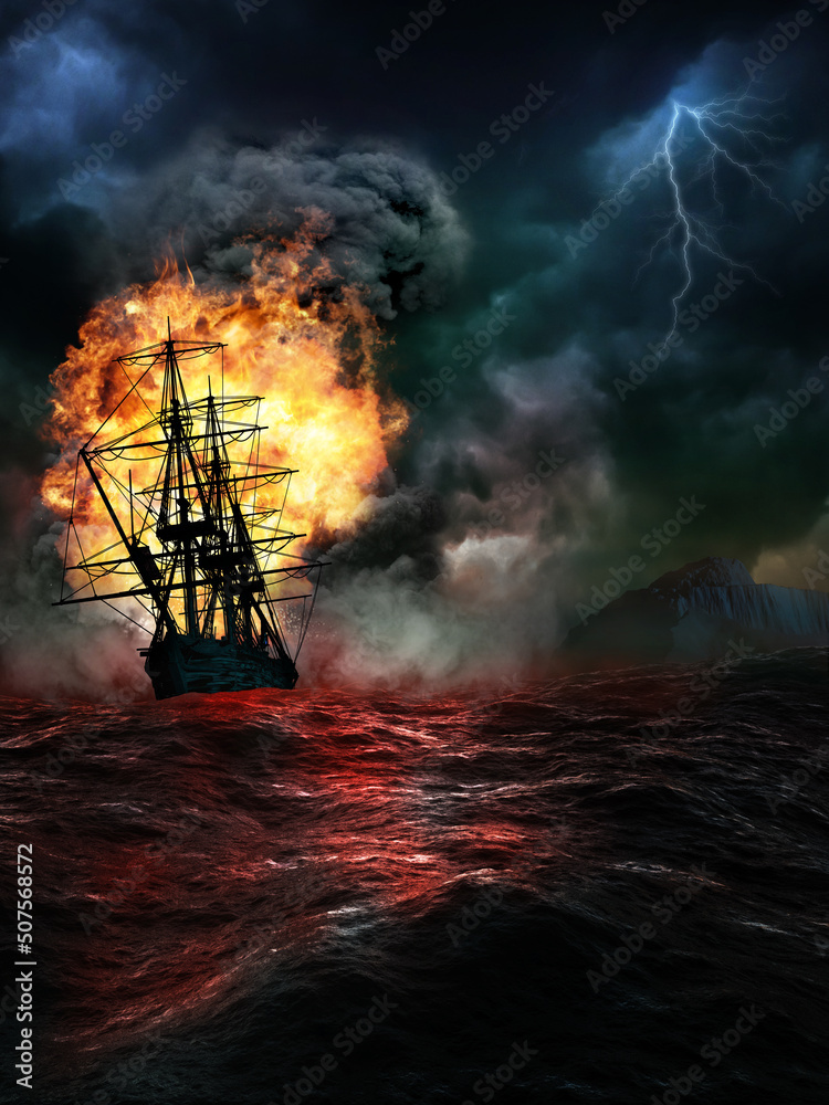 Sailing ship in blaze