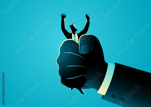 Business concept illustration of giant hand squeezes a businessman