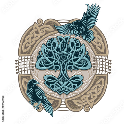 Celtic sacred symbols - Yggdrasil tree of life and totem birds raven Huginn and Muninn ravens of Odin
