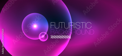 Shiny neon geometric abstract background. Glowing lights on round shapes, triangles and circles. Wallpaper for concept of AI technology, blockchain, communication, 5G, science, business