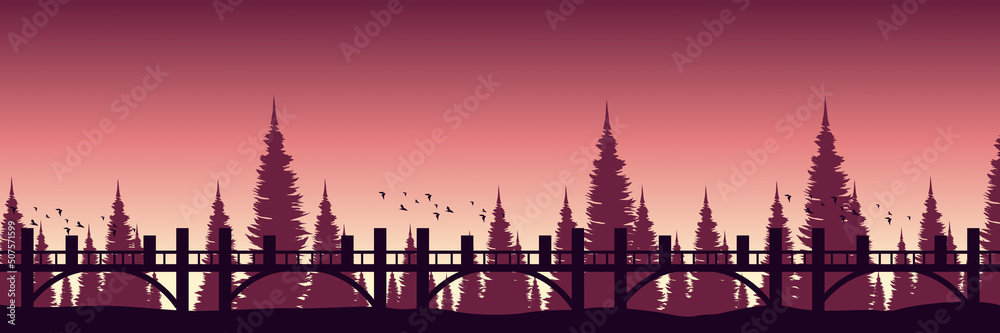 Naklejka premium sunset landscape flat design vector illustration good for web banner, ads banner, tourism banner, wallpaper, background template, and adventure design backdrop