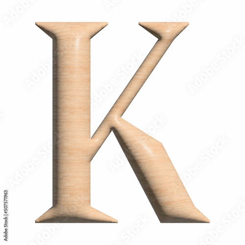 3D Wood capital K letter illustration on white background