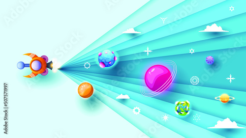 Abstract Paper Cut Spaceship Light Space Planets Space Galaxy Universe Background Gradient Objects Stars Vector Design Style