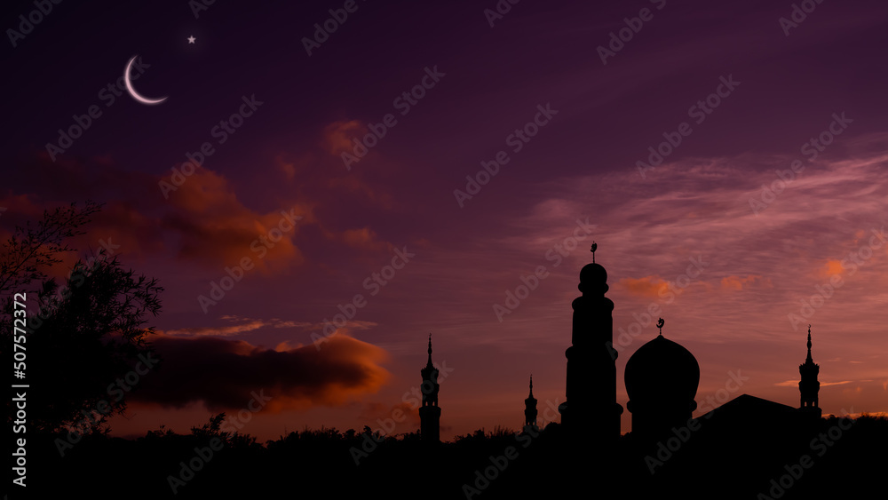 Mosques Dome on dark night with Crescent Moon on black background. New year Muharram, Eid al-fitr, Eid al-adha. Religion symbol islamic Ramadan.