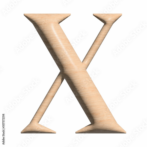 3D Wood capital X letter illustration on white background