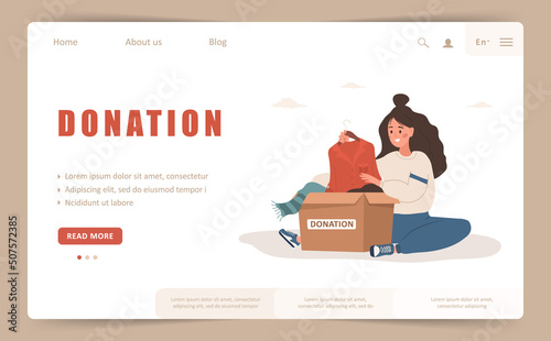 Donation landing page template. Woman putting old used clothes ready to be shared or recycled to cardboard box. Volunteering and social care concept. Vector illustration in flat cartoon style.