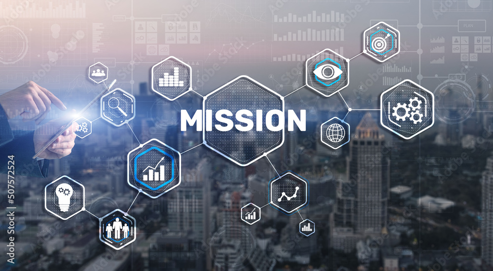 Businessman clicks on virtual screen Mission Businessman clicks on virtual screen Mission