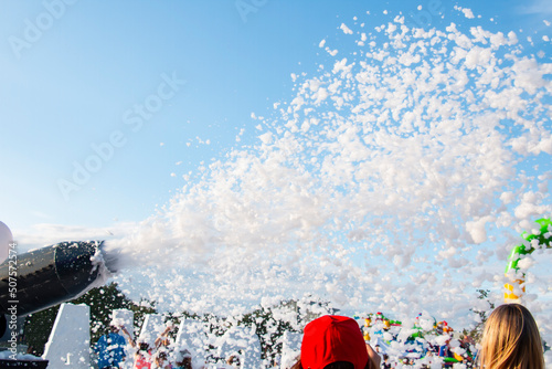 Stampa su tela Foam party, foam cannon against the blue sky