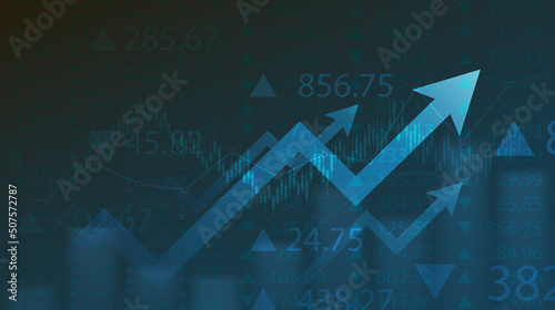 Abstract financial graph with uptrend line and arrows in stock market on blue color background
