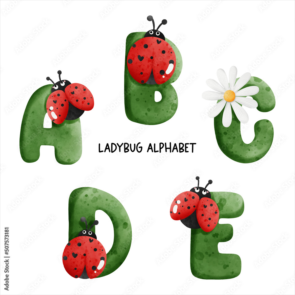 ladybug watercolor alphabet. Vector illustration