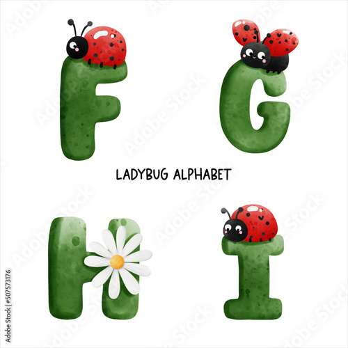 ladybug watercolor alphabet. Vector illustration