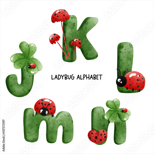 ladybug watercolor alphabet. Vector illustration