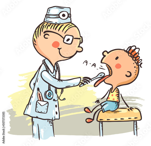 Cartoon doctor examining a boy's throat