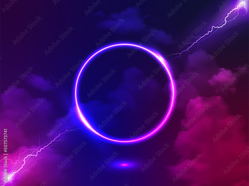 Neon circle, glowing round frame, pink blue neon light, Electric Lightning, confrontation or fight between two lightning. Energy source, ultraviolet spectrum, laser ring, fog. Abstract Illustration.