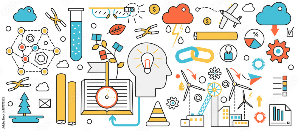 Modern business technology. Abstract human head with bright light bulb, creative ideas for science, education and sustainable energy development in infographic concept banner, thin line art design
