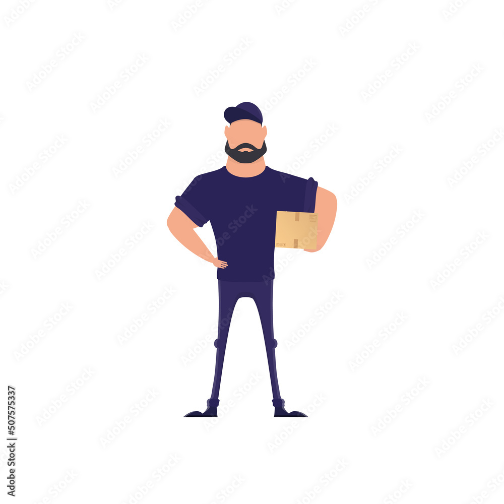 The guy with the box. Delivery concept. Isolated on white background. Vector illustration.