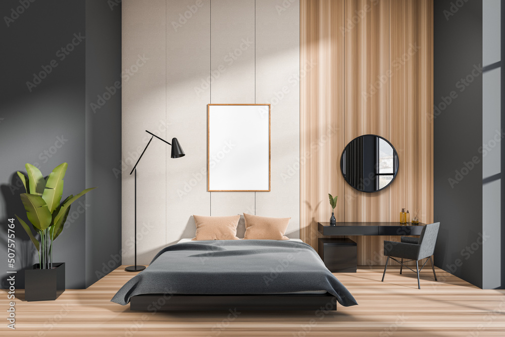 Modern bedroom interior with bed, armchair and decoration. Mockup frame Modern bedroom interior with bed, armchair and decoration. Mockup frame