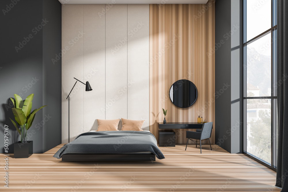 Fototapeta premium Modern bedroom interior with bed, dressing table and panoramic window