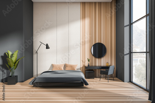 Fotografiet Modern bedroom interior with bed, dressing table and panoramic window