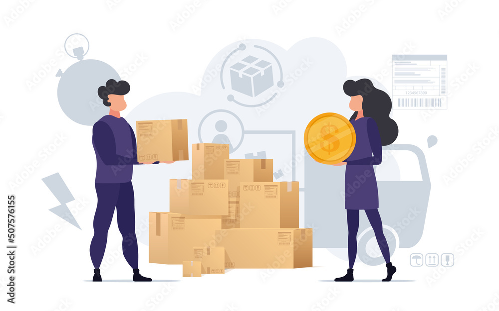 A courier man delivers a box to a girl. Delivery concept. Vector illustration.