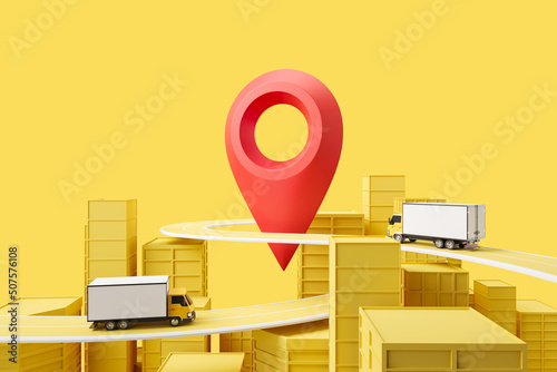 Truck moving with location pin, geotag. Mockup copy space photo