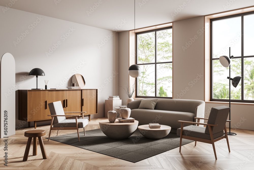 Fototapeta premium Relax room interior with couch and two armchairs, commode and window