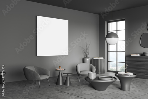 Dark living room interior with two armchairs and decoration  coffee table and mockup poster