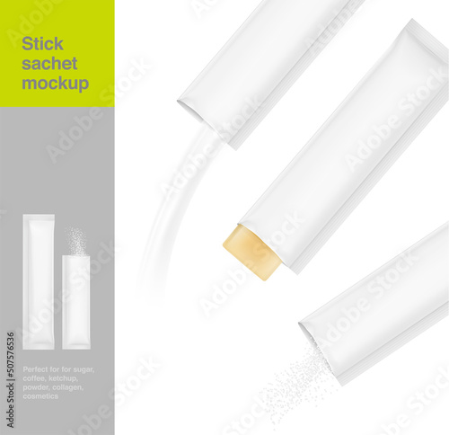 Realistic three side seal stick mockup for granulated, powder, soft or liquid products. Vector illustration isolated on white background. EPS10.