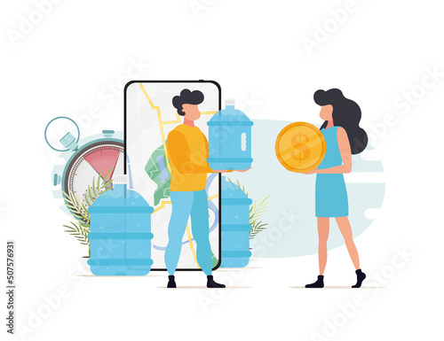 A bottle of water is given to the girl by the courier. The concept of delivering drinking water to your home. The style is cartoonish. Illustration in vector format.