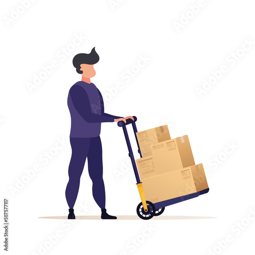 A loader or courier carries boxes on a trolley. The concept of delivering parcels to home or moving house. Cartoon style. Vector illustration. Isolated.