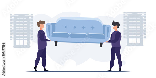 Movers or couriers carry a sofa. The concept of delivering parcels to home or moving house. Cartoon style. Vector illustration.