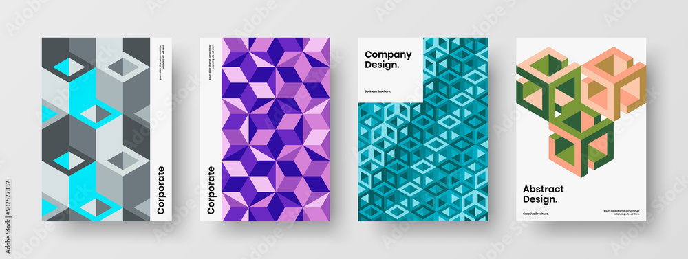Abstract mosaic pattern poster concept bundle. Colorful annual report A4 design vector template composition.