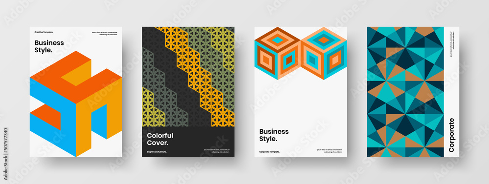 Colorful mosaic pattern corporate brochure illustration bundle. Unique flyer A4 vector design template composition.
