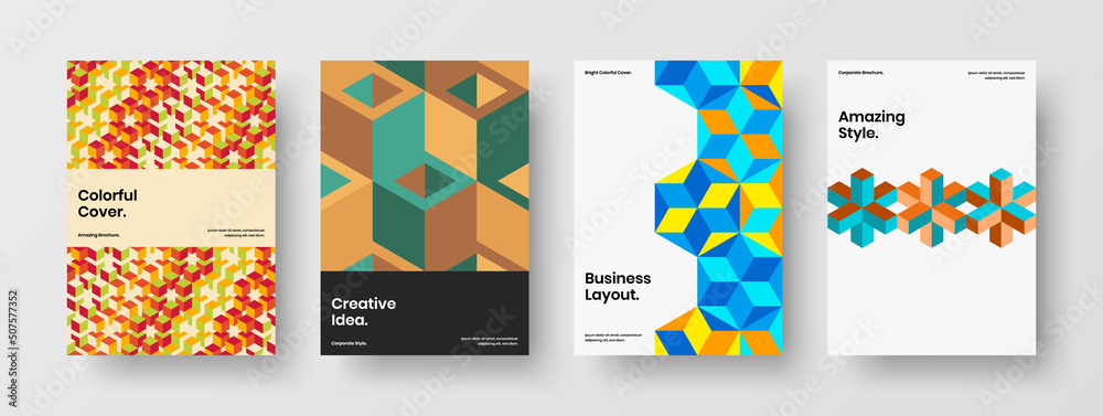 Colorful placard A4 vector design concept composition. Bright geometric hexagons catalog cover layout collection.