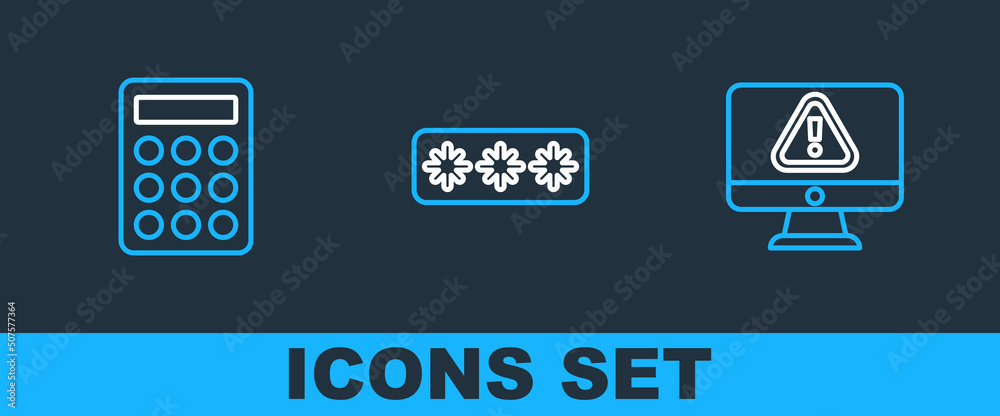 Set line Monitor with exclamation mark, Password protection and icon. Vector Set line Monitor with exclamation mark, Password protection and icon. Vector