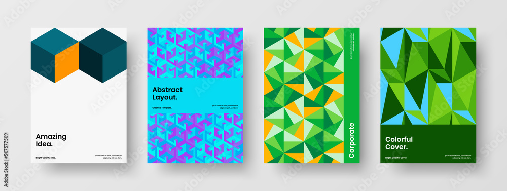 Multicolored mosaic hexagons handbill template set. Vivid journal cover vector design layout collection.