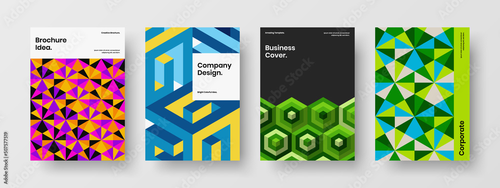 Premium journal cover A4 design vector layout set. Fresh mosaic hexagons brochure illustration collection.