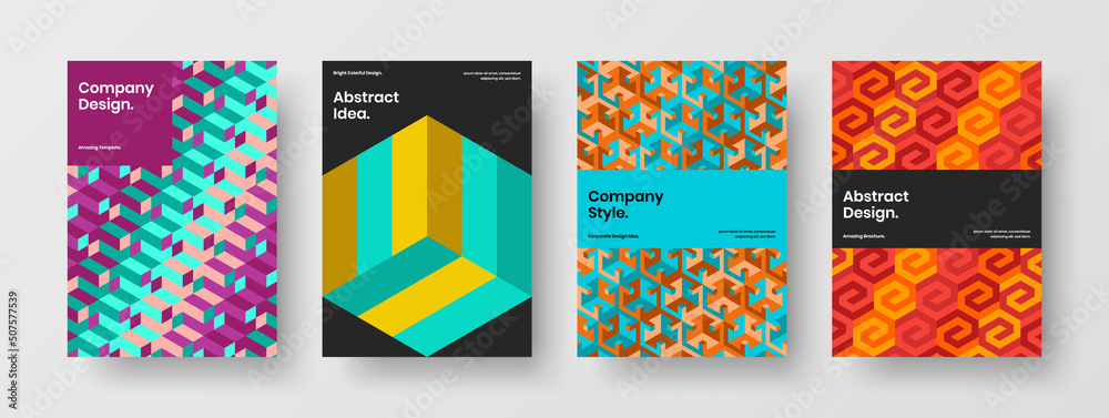 Vivid presentation A4 vector design concept set. Unique mosaic tiles annual report illustration collection. Vivid presentation A4 vector design concept set. Unique mosaic tiles annual report illustration collection.